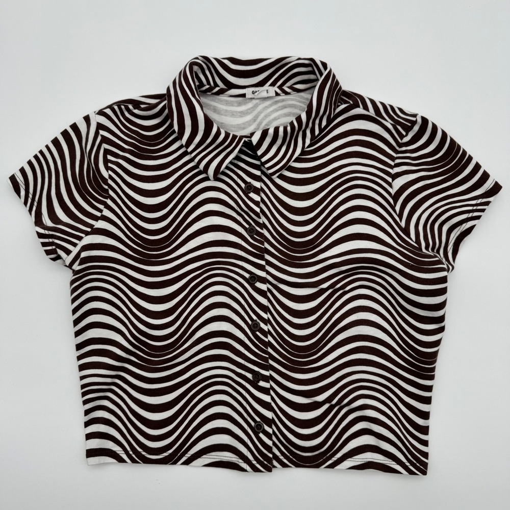 Garage Brown White Wavy Psychedelic Stripe Button Down Crop Top Womens Small - Picture 1 of 3